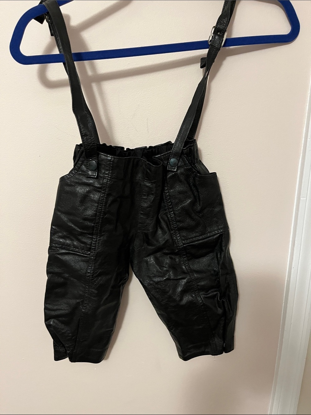 Toddlers Black Leather Suspender Pants